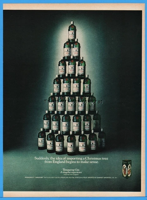 1976 Tanqueray Gin Importing A Christmas Tree From England Stacked Bottle Pic Ad