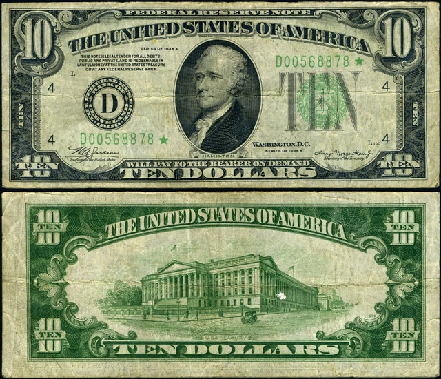 FR. 2006 D* $10 1934-A Federal Reserve Note Non-Mule Cleveland D-* Block VF Star