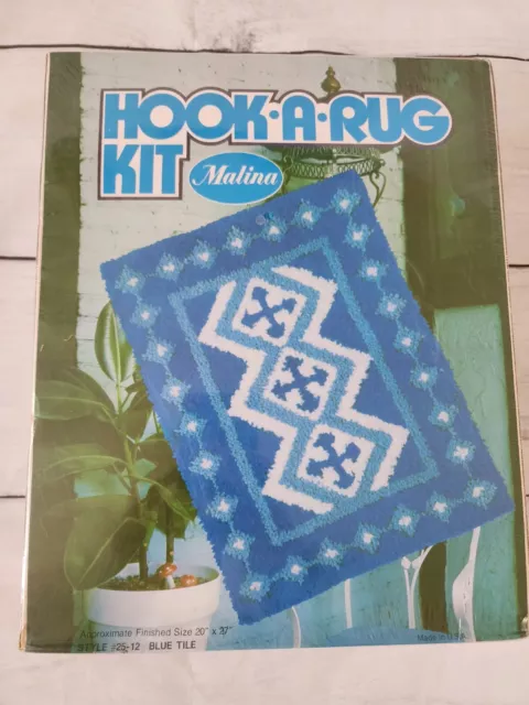 VTG Malina Hook•A•Rug Latch Hook Kit,20X27 Blue Tile, Sealed In Box