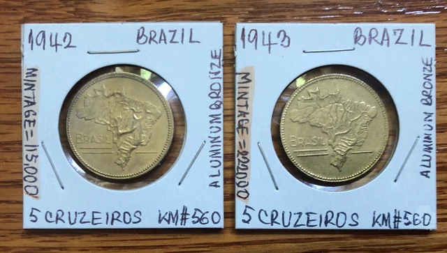 1942,1943 5 Cruzeiros Set of 2 Scarce Coins-KM#560-26mm-Mintage-115,000 &222,000