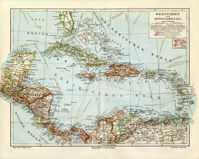 Westindien Mittelamerika Karibik historische Landkarte Lithographie ca. 1908