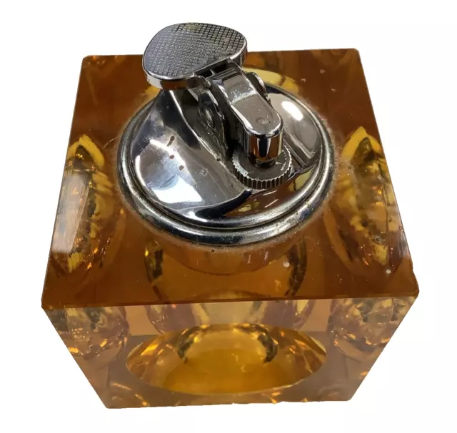 VINTAGE RETRO DESK Lighter With Amber coloured Resin Base 7cm Square