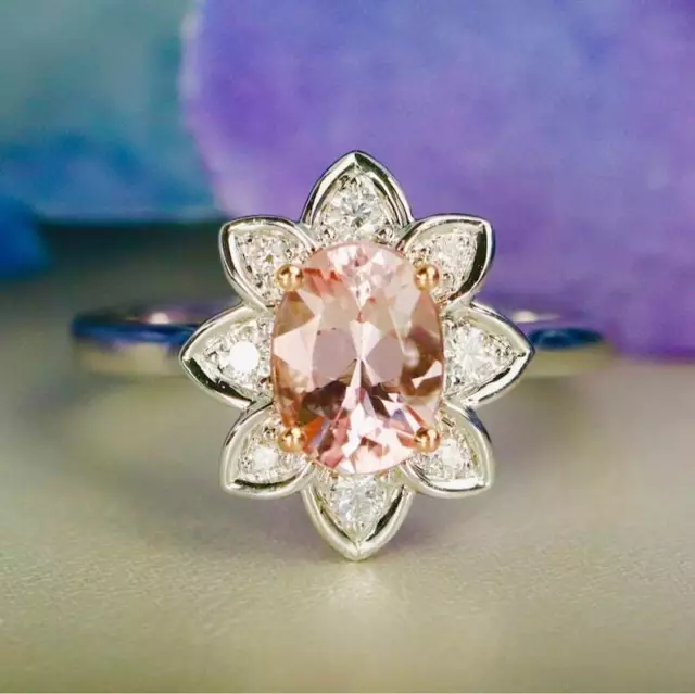 18k Weiss Gold Natürlich Rosa Morganit Und Diamanten Blumen Stil Damen Ring