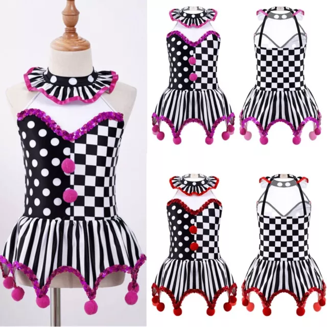 Girls Kids Circus Clown Halloween Theme Show Costume Leotard Sequin Tutu Dress