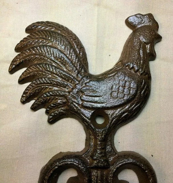 SET OF 3 ROOSTER DOUBLE HOOKS rustic brown bronze vintage country heavy duty 4