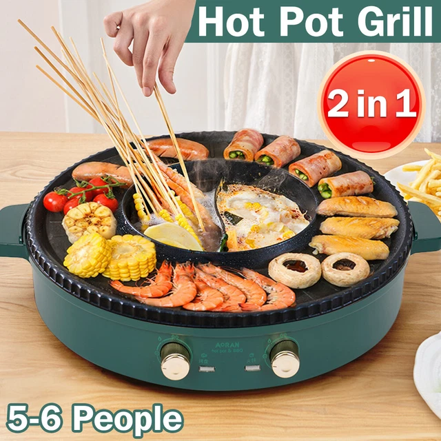 2 in 1 10V Electric Hot Pot Oven Smokeless Barbecue Machine - Home BBQ Grills Indoor Roast Meat Dish Plate Multi Cooker US plug (2H1)(F59)