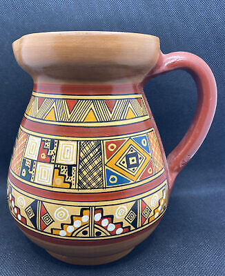 Cusco Peru red pottery hand painted colorful lined white Paint Glazed Pitcher