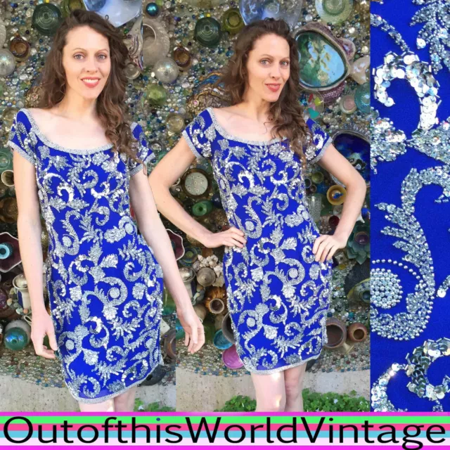 100% SILK BLUE SILVER BEAD SEQUIN dress prom DECO FLAPPER Vtg 80s GATSBY TROPHY