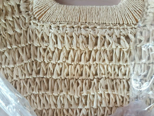 Stroh Handtasche Holzgriff Taschen Totes Großes Papierseil Gewebte Beige Tasche UVP £54