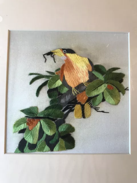 China Embroidery Art Inc Handmade Silk Royal Bird Yellow Orange Matted Painting 2