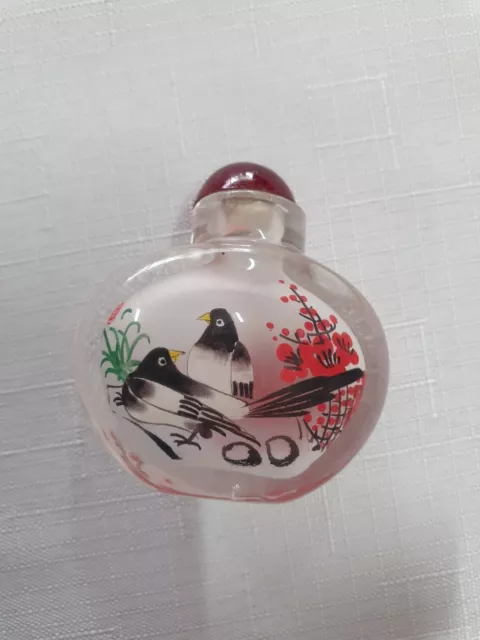 Vintage Chinese Reverse Painted Glass Snuff/Perfume Bottle - Birds