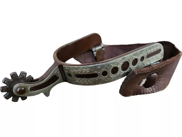 Western Riding Single Spur Rowel Stainless Steel Hand Etched & Leather Strap