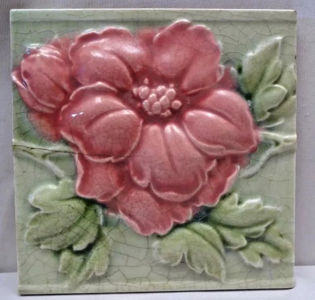 Majolica Tile Vintage Art Nouveau Ceramic Glazed Saji Japan Embossed Rose #469