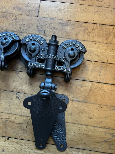 Antique Restored Myers Adjustable Stay On cast iron Barn Door Rollers Pair Set 2