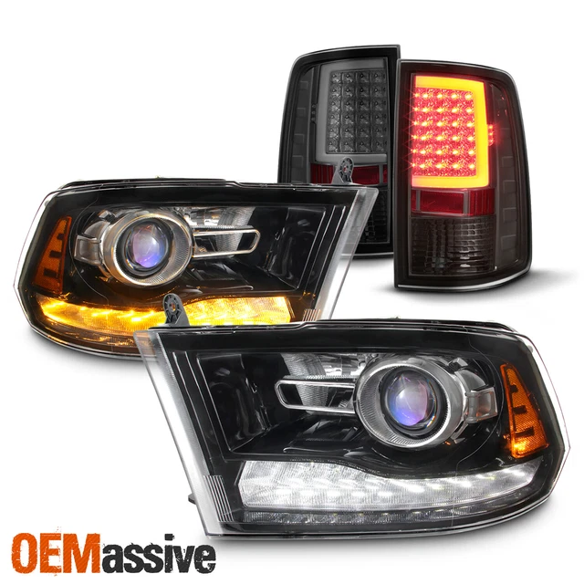 [LED Set]For 09-18 Dodge Ram Black Projector Headlight & Smoke Taillights Lens