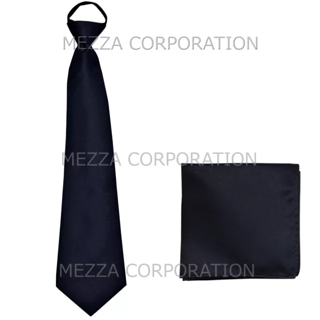 New formal men's pre-tied ready knot necktie & hankie set polyester navy blue
