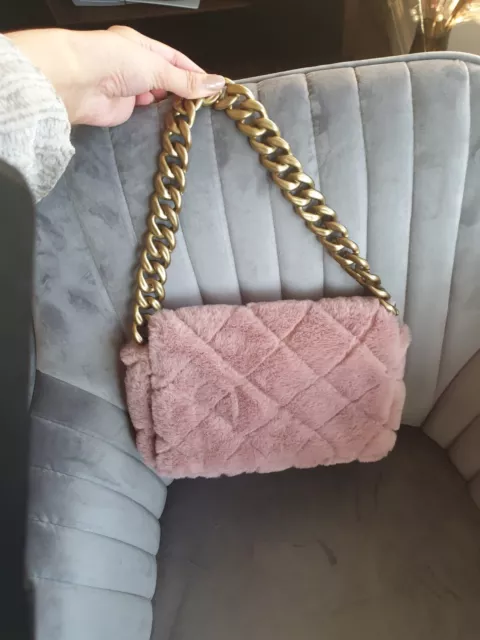 Faux Fur Pink Chevron Detail Shoulder Bag With Rust Gold Chain Brand New