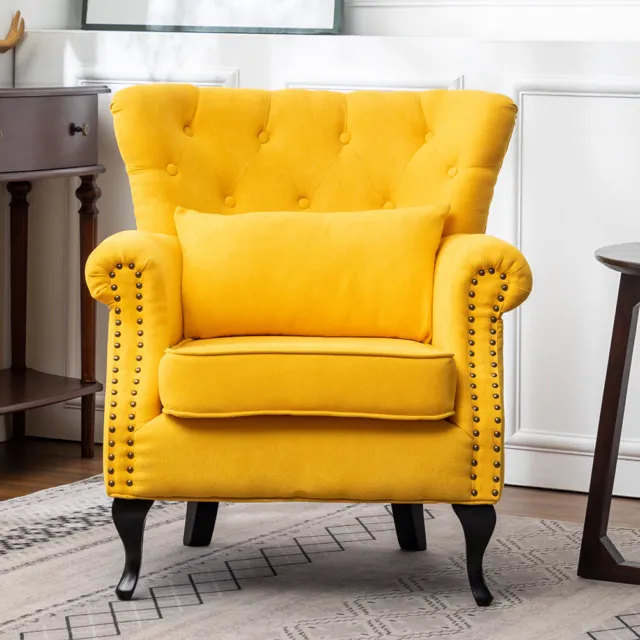 Chesterfield Yellow Fabric Armchair Button Wingback Chair Sofa With Rivet Lounge