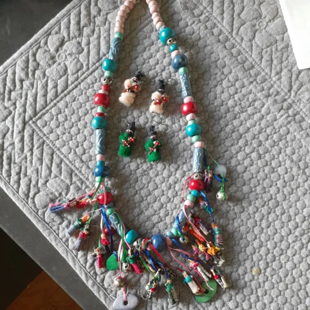 $LOWER~ Vintage~Handmade~Guatemalan~Worry Doll Necklace and earrings~trade beads