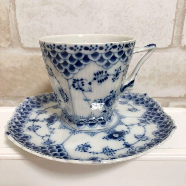 Stunning! Royal Copenhagen Blue fluted Full lace Face Tea cup & saucer