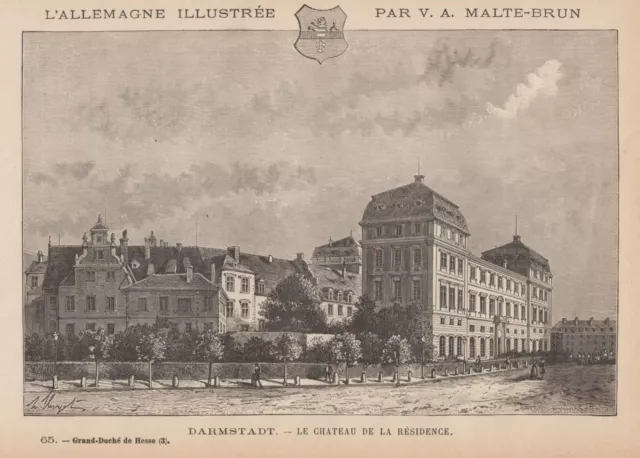 Darmstadt Castillo Original Grabado en Madera Clerget 1885