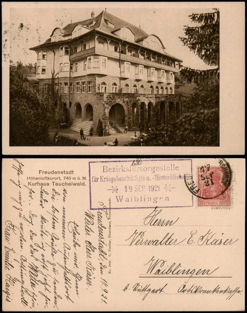 Freudenstadt Kurhaus Teuchelwald 1921  gel. Bezirksversorgungsstelle Waiblingen