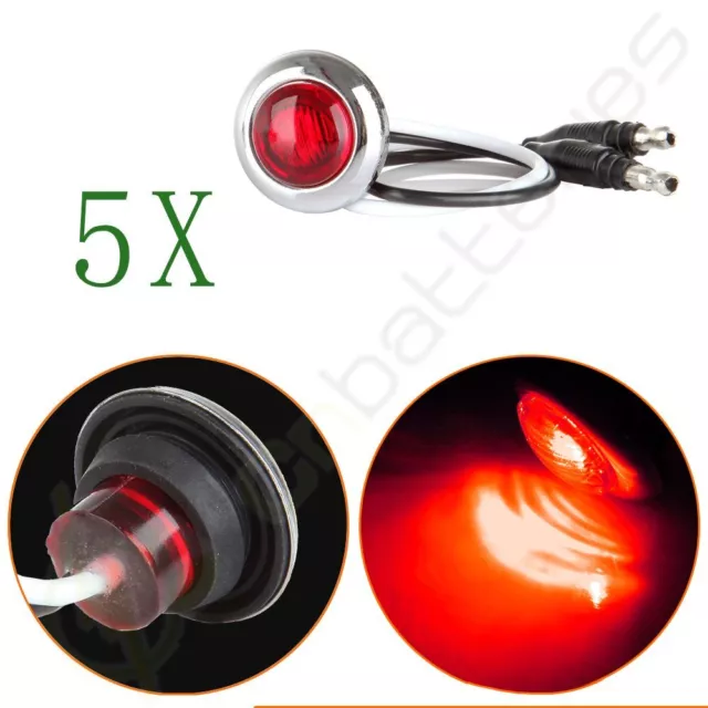 Set of 5 3/4" Trailer Side Marker Bullet Truck Red Light Chrome Bezel Grommet