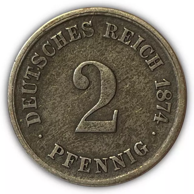 1874 Germany 2 Pfennig Very Fine VF Coin #4395