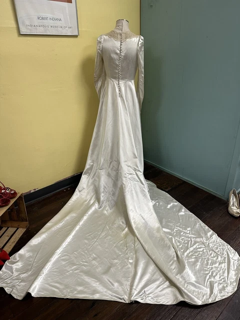 Vintage 40s Liquid Silk Satin Wedding Gown Dress w/ Train Small