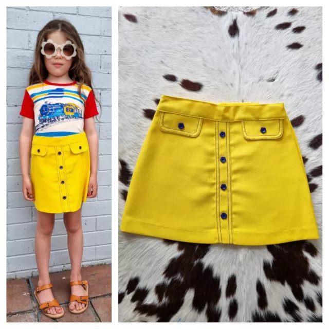 Vintage 1960S Deadstock Yellow Flower Power Floral Button Skirt Approx 5-6 Years