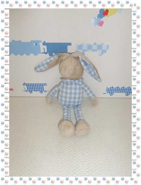 K - Doudou Peluche Lapin Beige Vichy Bleu Blanc Klorane