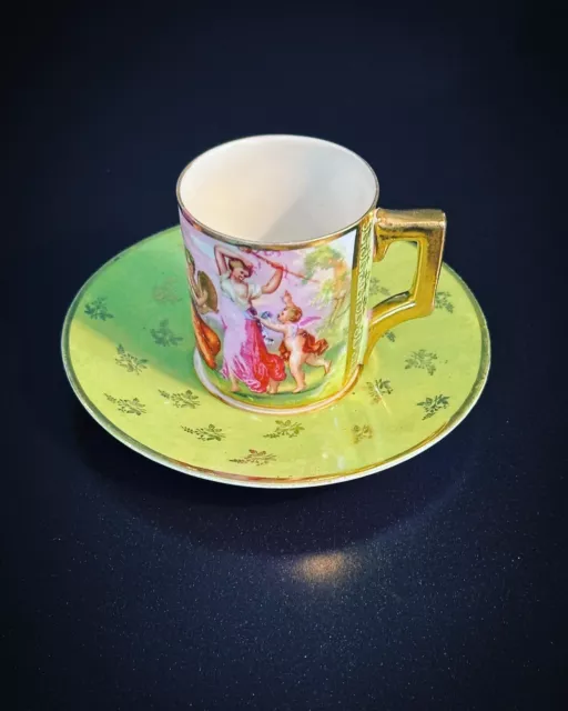 VICTORIA Austria Green & Gold Demitasse Cup & Saucer