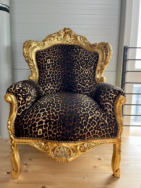 Armchair French Baroque Rococo Style in Gold Finish Leopard Print Sofa Chair