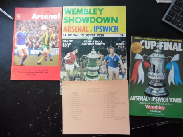 1978 Ipswich FA Cup Semi Final WBA+ Final v Arsenal & Teamsheet + Poster 1977-78