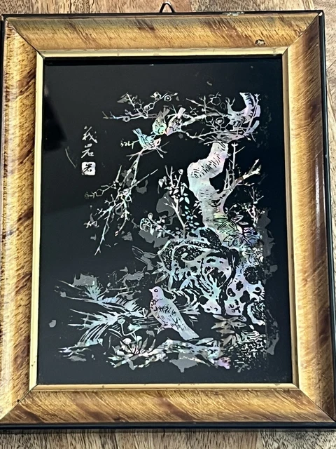 Vintage Korean Hand Made Mother Pearl Picture Birds