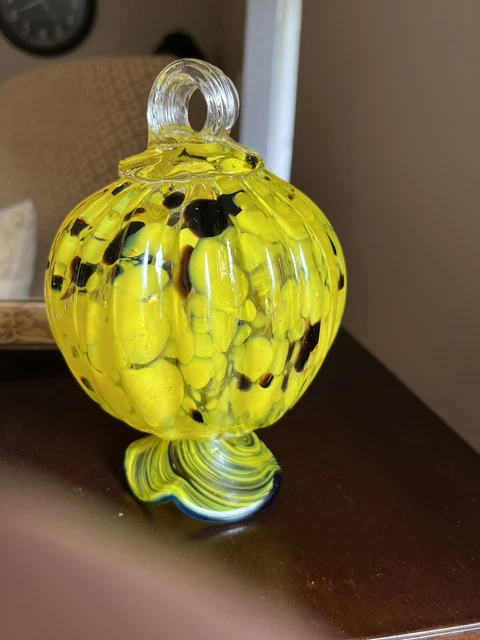 Beautiful Hanging Yellow with  Blue Highlights Art Glass Hand Blown Ball