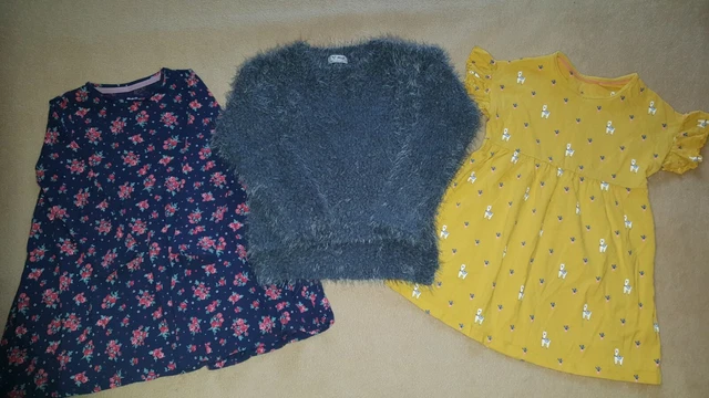 NEXT Grey Fluffy Jumper M&S Lama Print Dress F&F Floral Dress Bundle Age 5 Excel