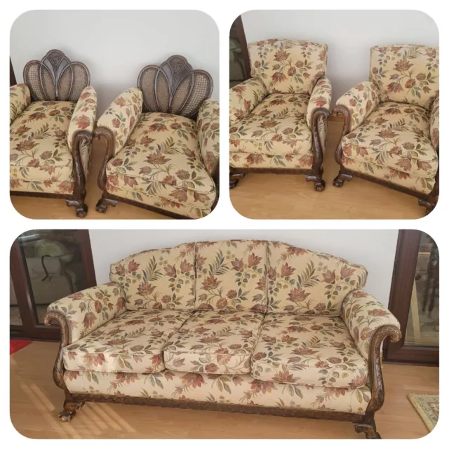 Antique 3pc Bergere Suite Carved Eagle Arm Supports Ball Claw Re-Upholstered