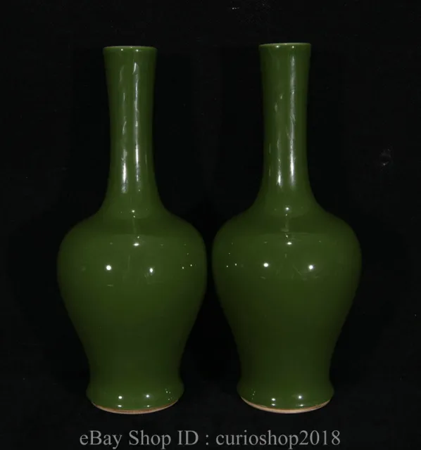 10.8 " Kangxi Marked China Green Glaze Porcelain Dynasty Bottle Vase Pair