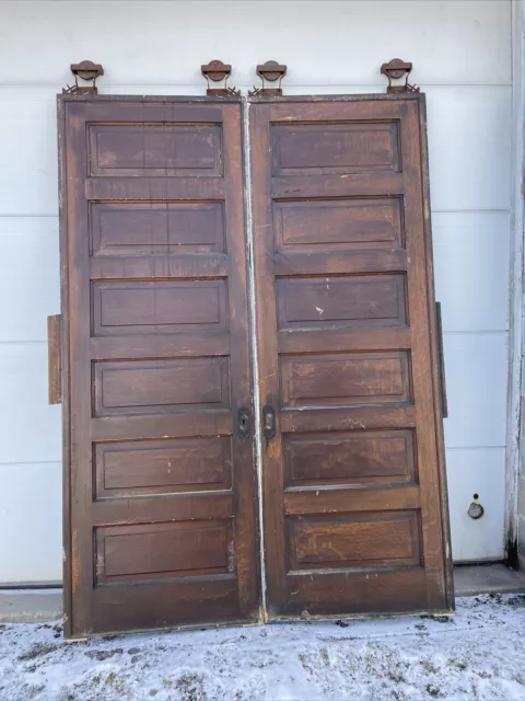 MARKP9 Pair Antique Raised Panel Pine Pocket Doors 68 X 95.5 X 2.25