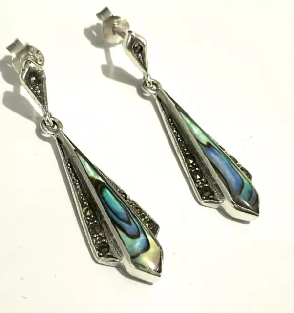 Art Deco Sterling Silver Abalone Paua Marcasite Geometric Kite Drop Earrings New