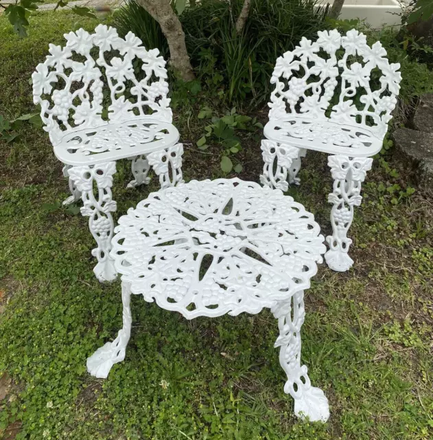 Vtg Victorian White Cast Iron Garden Grape & Leaf Pair of Chairs & Table Set