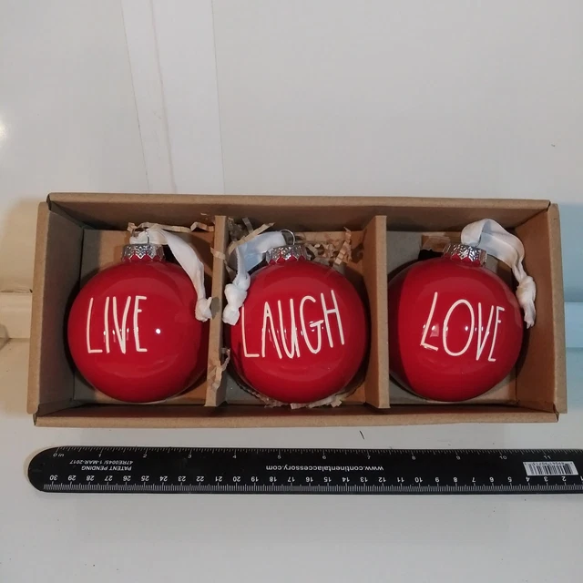 Set of 3 Rae Dunn LIVE LAUGH LOVE 3” RED WHITE Christmas ORNAMENT