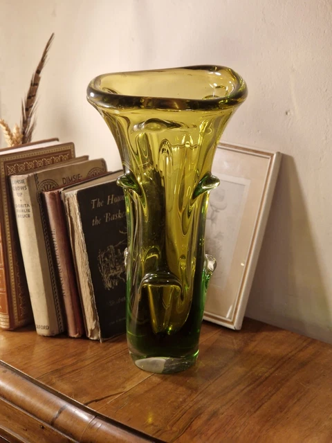 Large Vintage 1960s Mstisov Moser Karlovarske Yellow Green Pulled Art Glass Vase