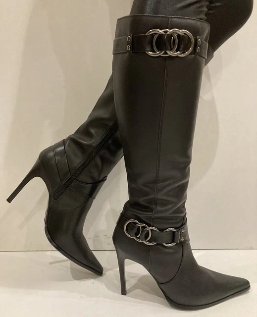 VINTAGE DOROTHY PERKINS Black Leather Knee High Boots Y2K Immaculate