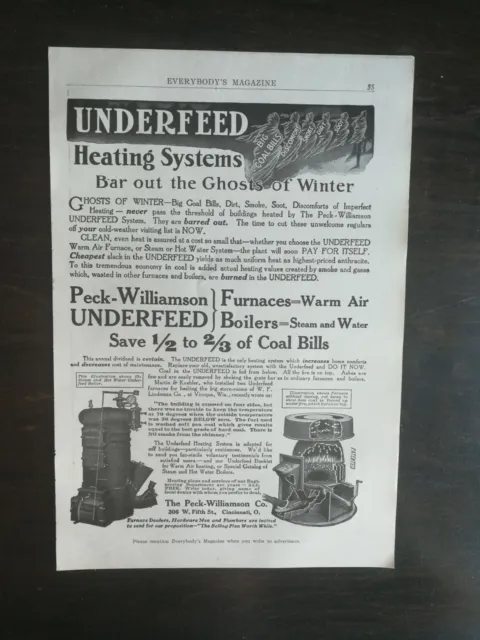 Vintage 1909 Underfeed Heating Systems Peck-Williamson Co. Full Page Original Ad