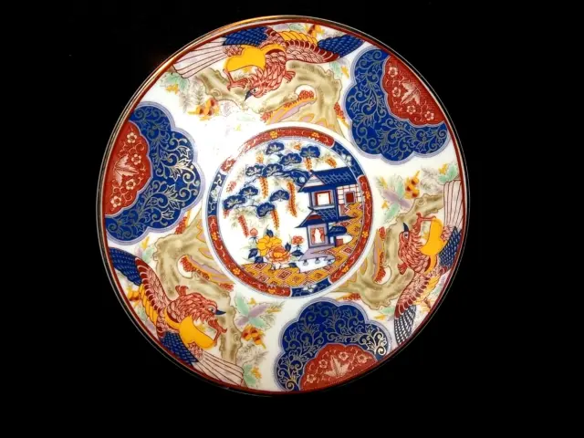 Imari Ware Japan Decorative Plate  Hand Painted With Birds Building & Flowers