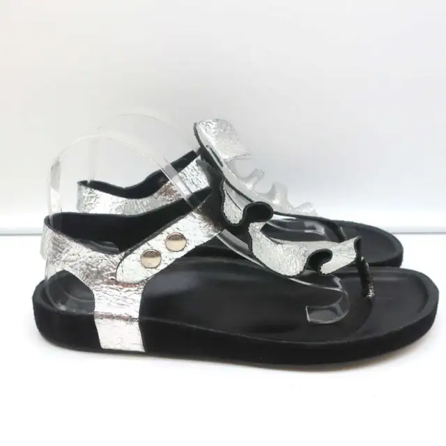Isabel Marant Leakey Ruffle Sandals Silver Metallic Leather Size 41 2