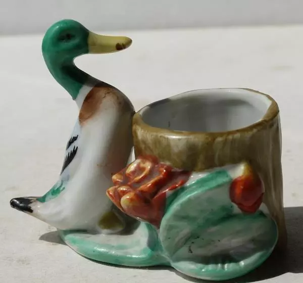 Mallard Duck Figurine Toothpick Holder Ceramic Hand Painted Made in Japan VTG --