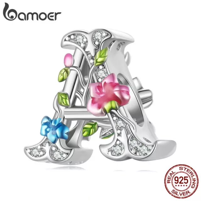 Bamoer 925 Sterling Silver Elegant Letter A Bead Flower Bead Bracelet Charm